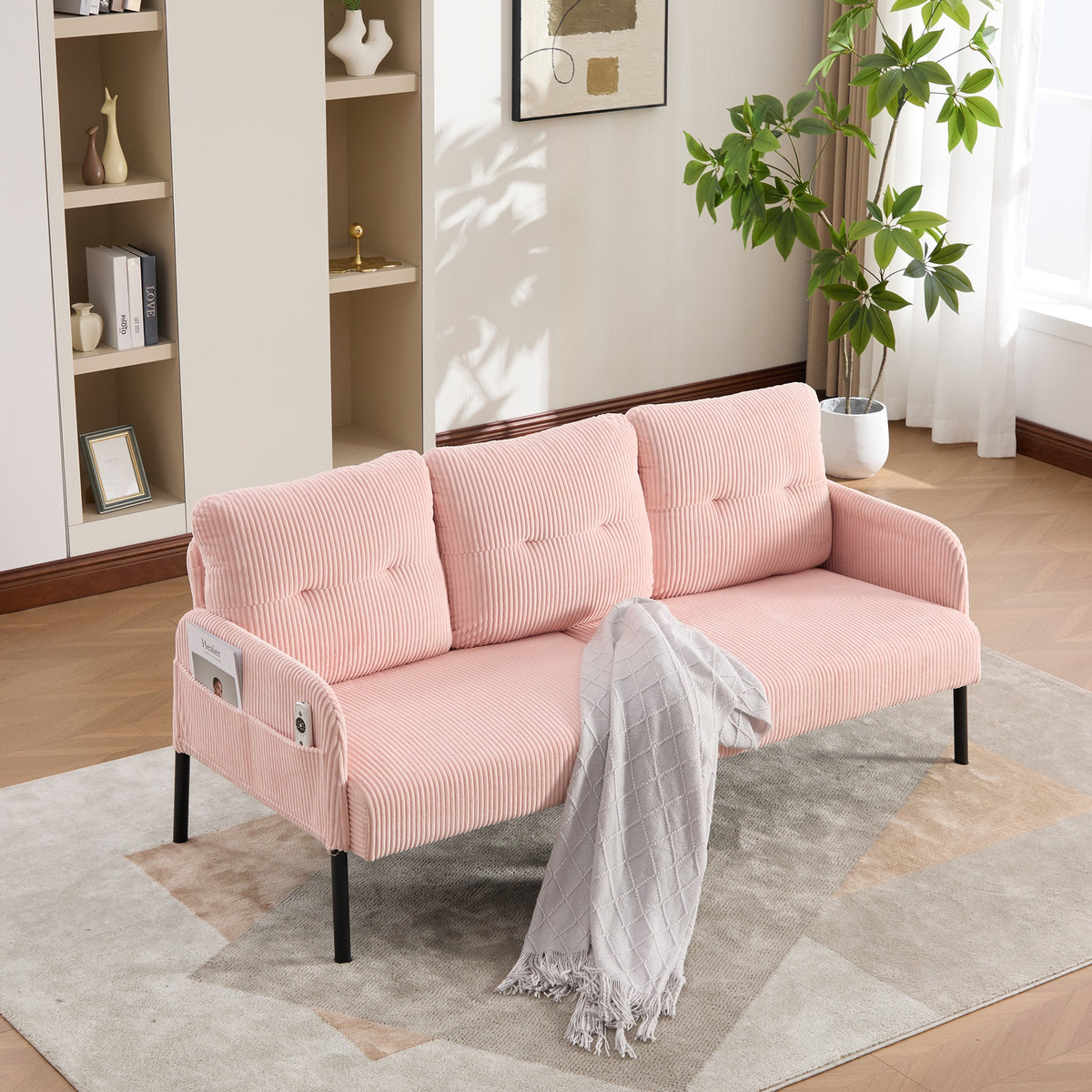 UNITED WE WIN Oversized Loveseat, Modern & Plush Double-seater Sofa, Corduroy Upholstered Couch, Cozy Bedroom Sofa with Metal Legs & Side Pockets, Ideal for Living Room, Bedroom, Dorm, Apartment