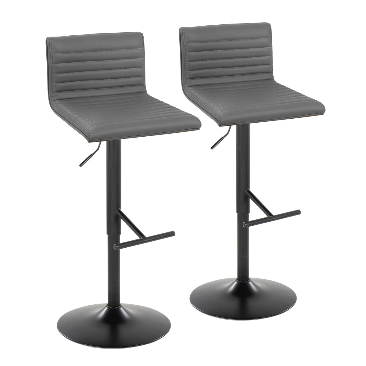 Mason Contemporary Adjustable Barstool with Swivel in Black Metal, Walnut Wood and Grey Faux Leather with Straight T Footrest by LumiSource - Set of 2