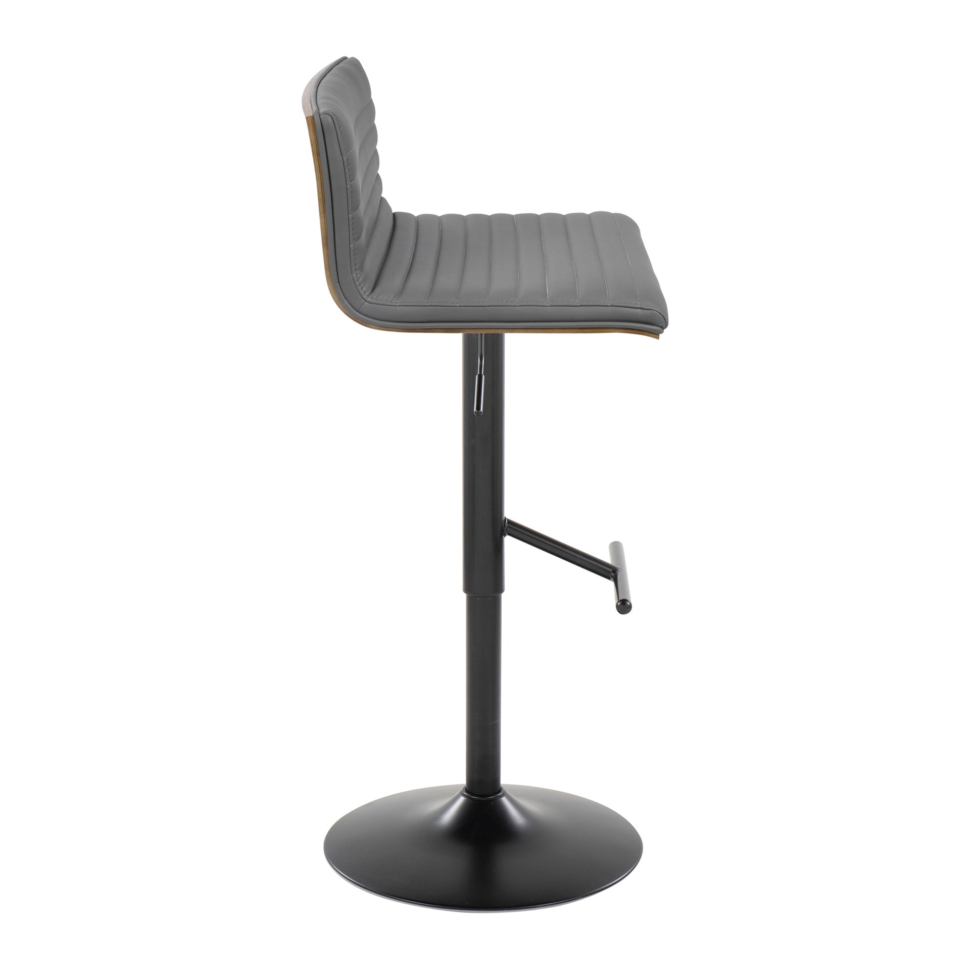 Mason Contemporary Adjustable Barstool with Swivel in Black Metal, Walnut Wood and Grey Faux Leather with Straight T Footrest by LumiSource - Set of 2