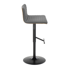 Mason Contemporary Adjustable Barstool with Swivel in Black Metal, Walnut Wood and Grey Faux Leather with Straight T Footrest by LumiSource - Set of 2