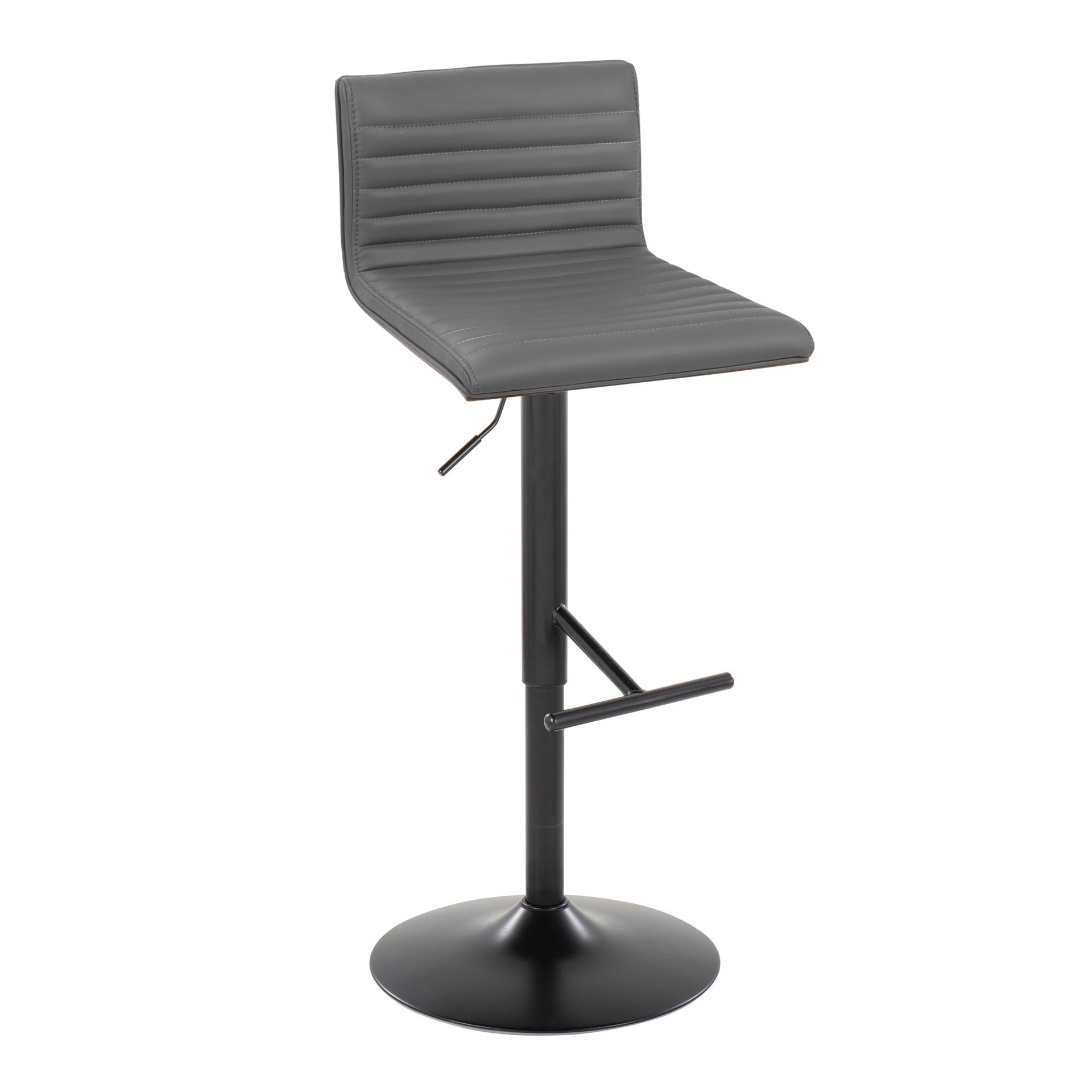 Mason Contemporary Adjustable Barstool with Swivel in Black Metal, Walnut Wood and Grey Faux Leather with Straight T Footrest by LumiSource - Set of 2