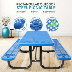 6 ft. Rectangular Outdoor Steel Picnic Table with umbrella pole in Blue
