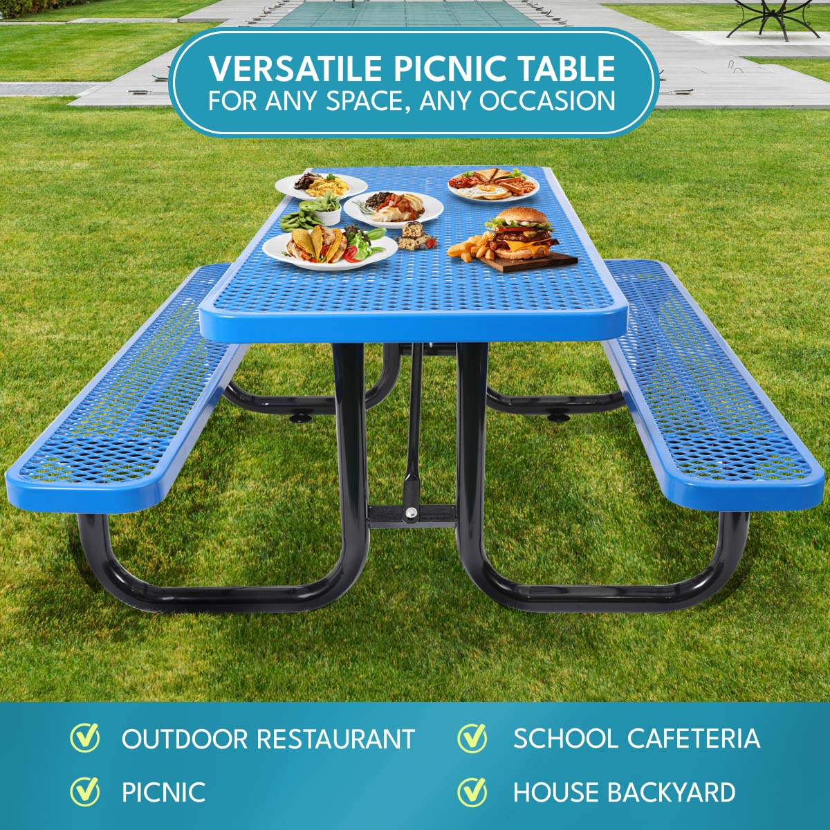 6 ft. Rectangular Outdoor Steel Picnic Table with umbrella pole in Blue