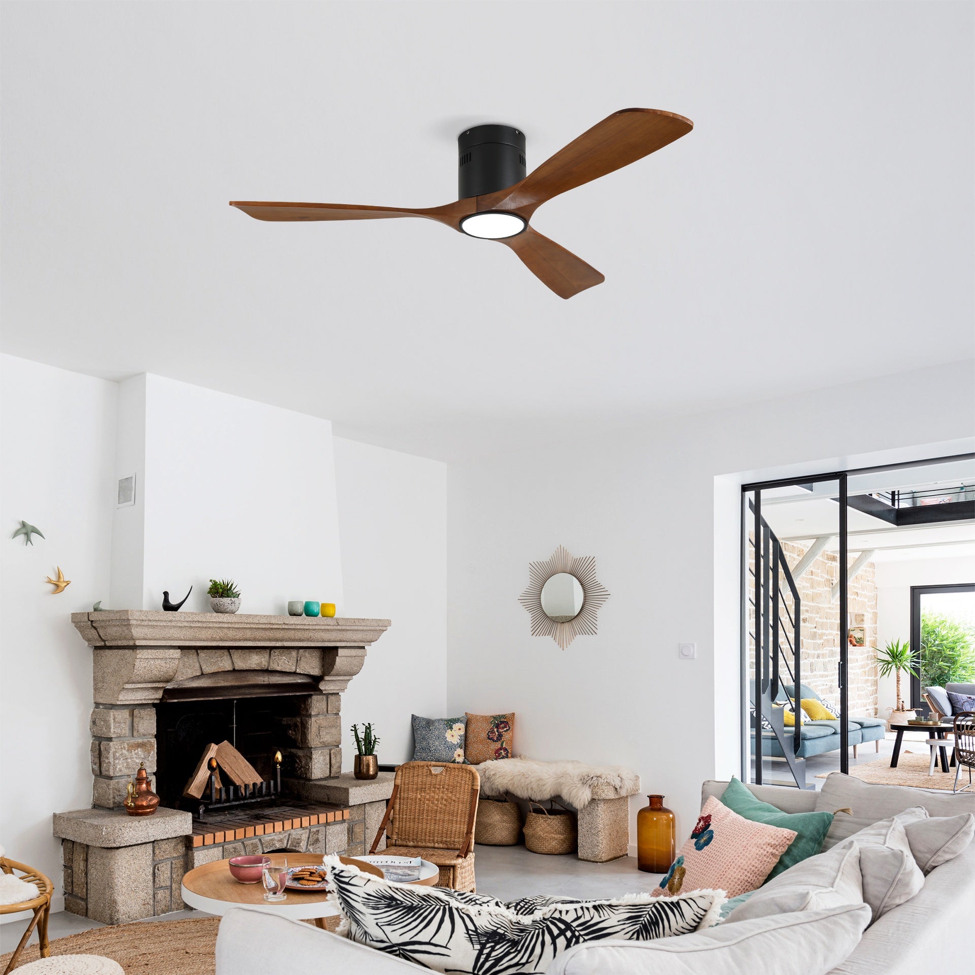 52 Inch Mounting Type Solid Wood Ceiling Fan With Light Kit Dimmable LED, DC 6 Speed ,Remote Control Ceiling Fan  for Patio Living Room, Bedroom, Office,Indoor.(Matte Black +Wood)