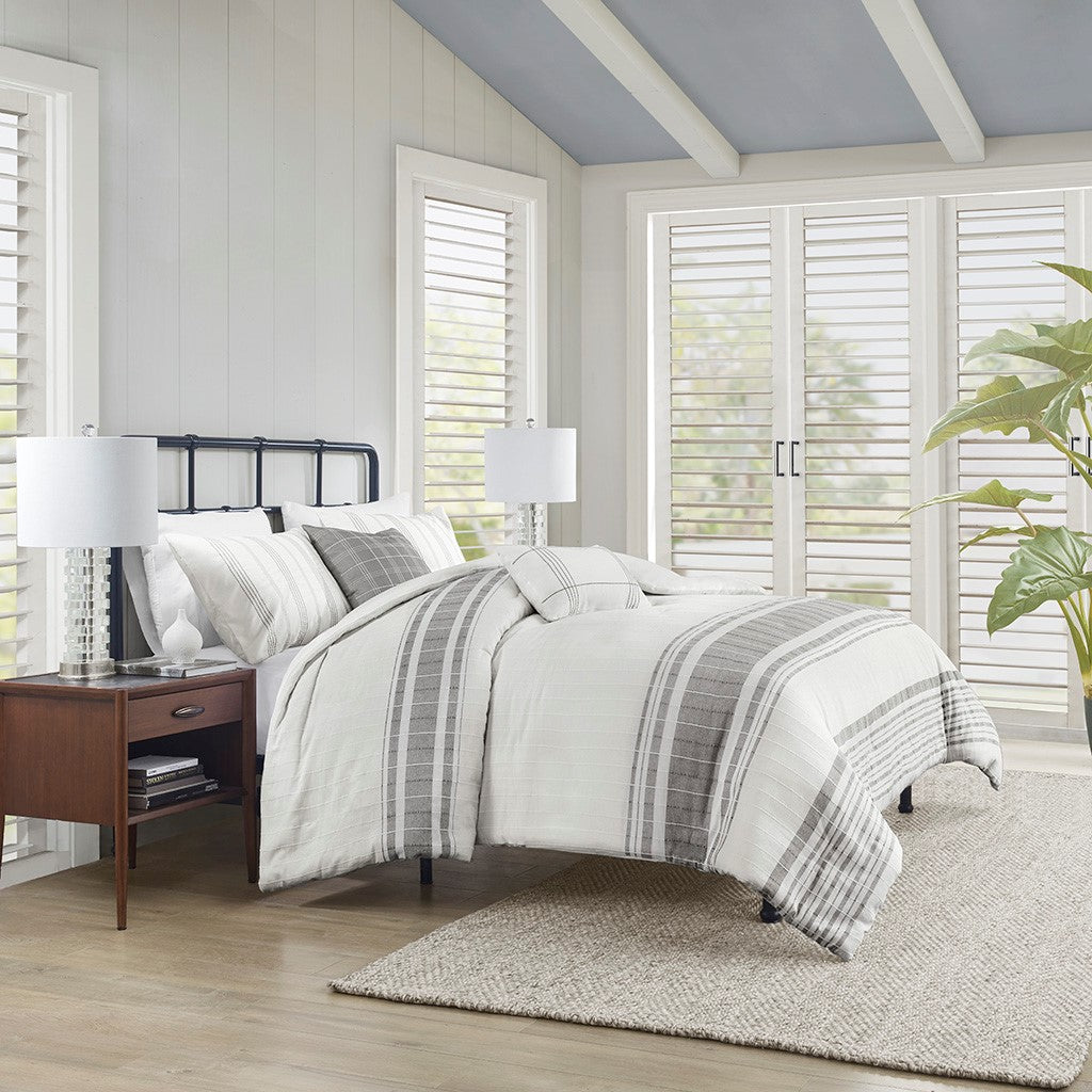 5 Piece Cotton Jaquard Duvet Set White/Grey King/Cal King
