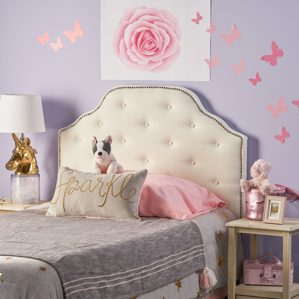 Tufted Upholstered Headboard Twin Size, Solid Wood Head Board with Durable Metal Legs, Adjustable Height Twin headboard with Nailhead Trim,fabric Headboard in Modern Button Tuffted Design