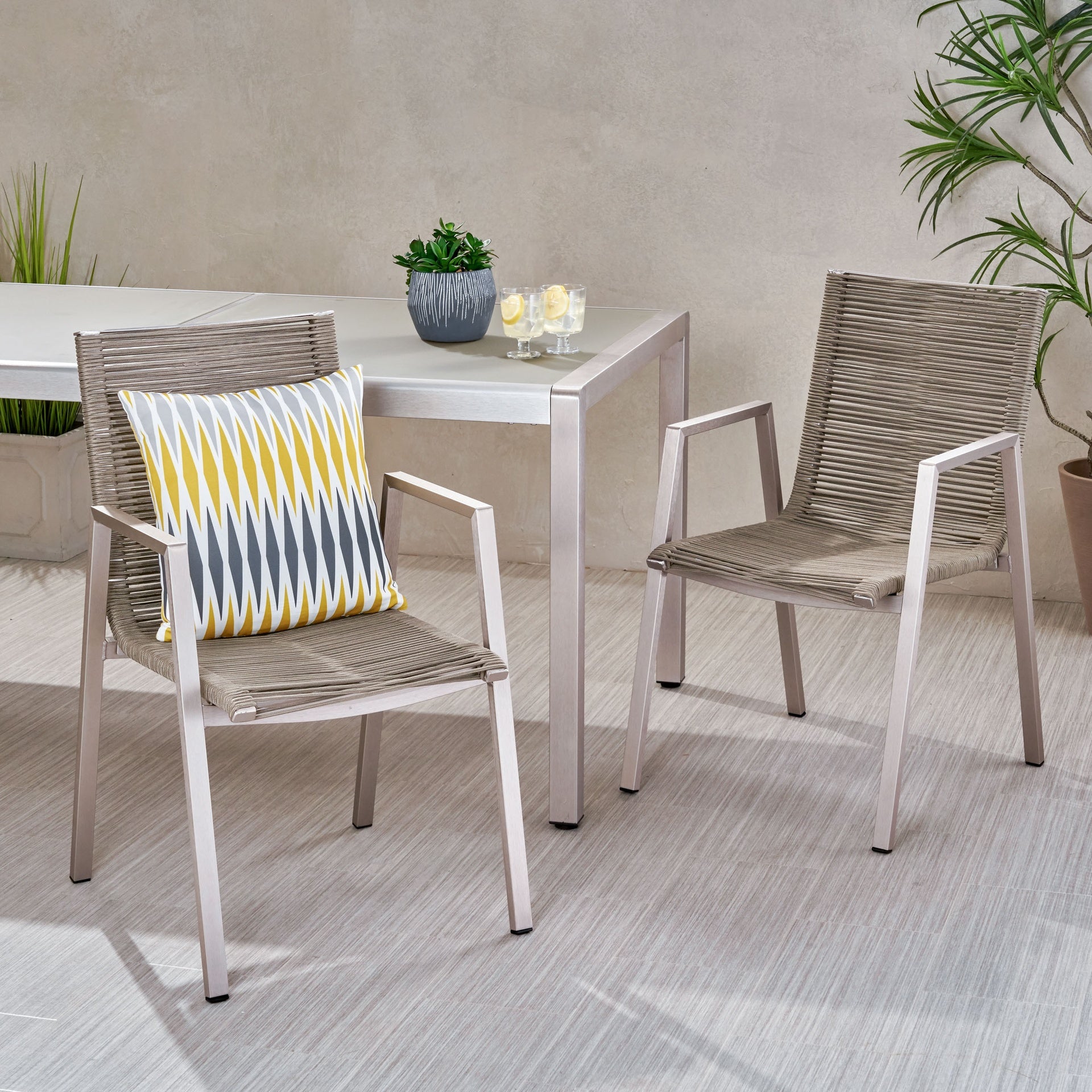 Outdoor Modern Aluminum Dining Chair with Rope Seat (Set of 2), Silver and Taupe