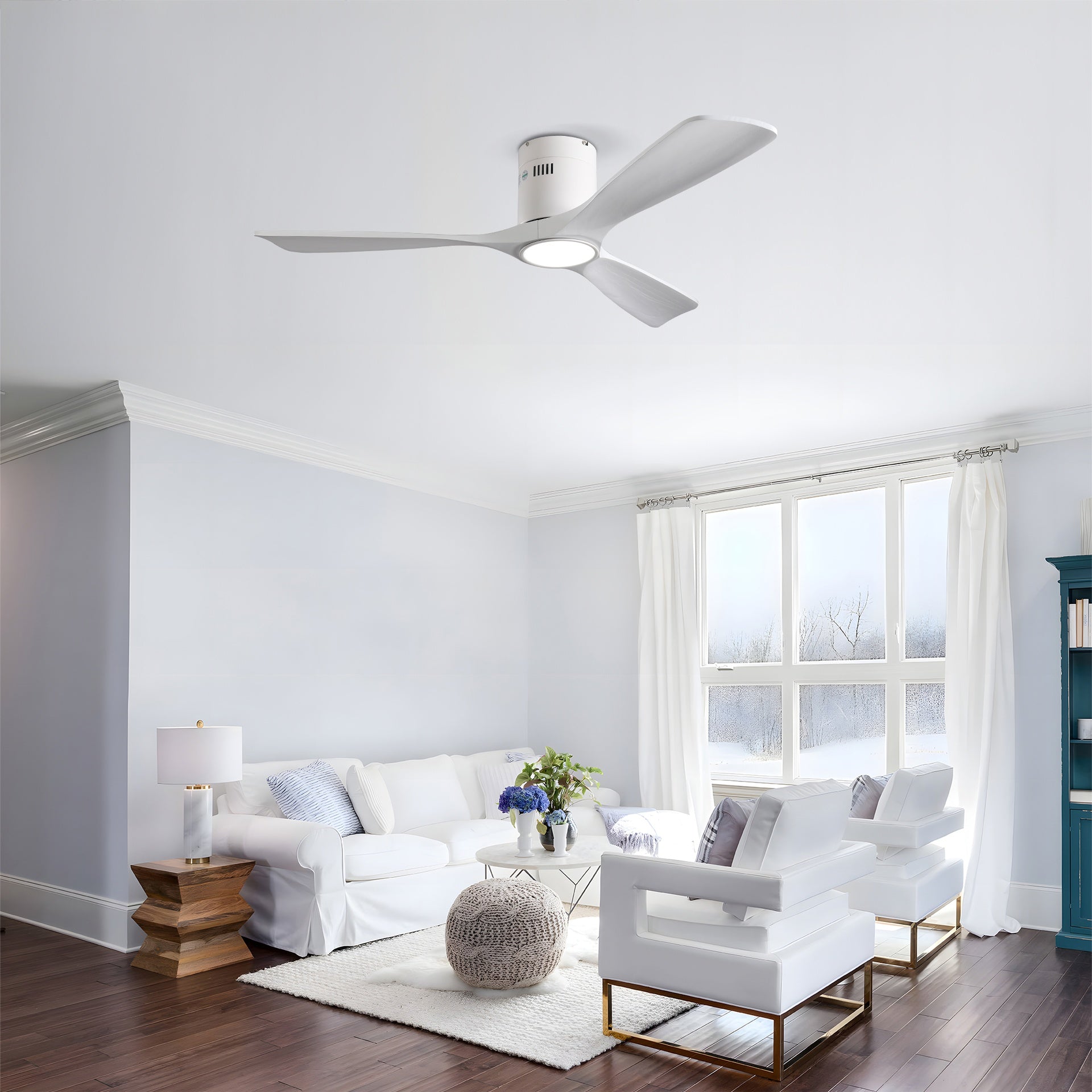 52 Inch Mounting Type Solid Wood Ceiling Fan With Light Kit Dimmable LED, DC 6 Speed ,Remote Control Ceiling Fan  for Patio Living Room, Bedroom, Office,Indoor.(Matte White+Wood)