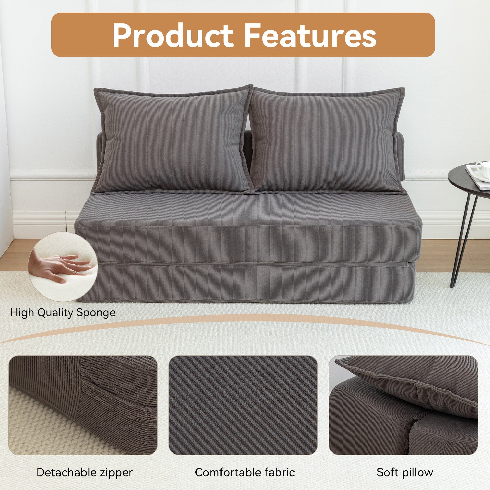 Foldable Sofa Bed Sleeper Lounge Chair with Pillow Floor Mattress Floor Couch with Backrest for Living Room/Dorm/Guest Room/Home Office, Twin