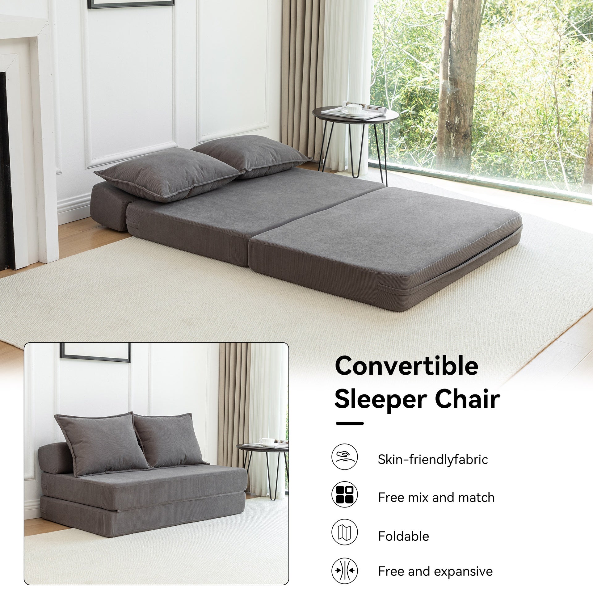 Foldable Sofa Bed Sleeper Lounge Chair with Pillow Floor Mattress Floor Couch with Backrest for Living Room/Dorm/Guest Room/Home Office, Twin
