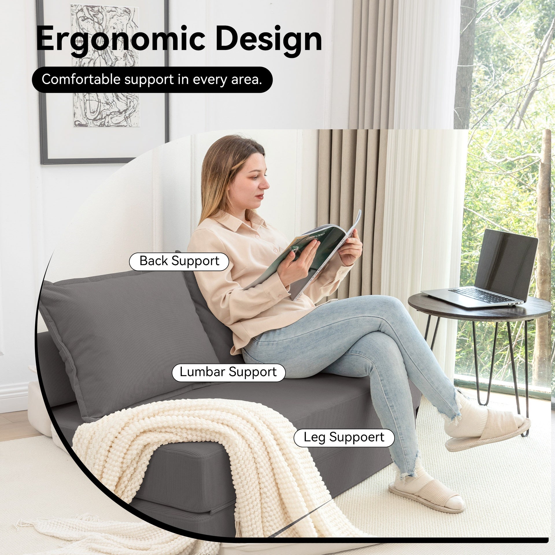 Foldable Sofa Bed Sleeper Lounge Chair with Pillow Floor Mattress Floor Couch with Backrest for Living Room/Dorm/Guest Room/Home Office, Twin