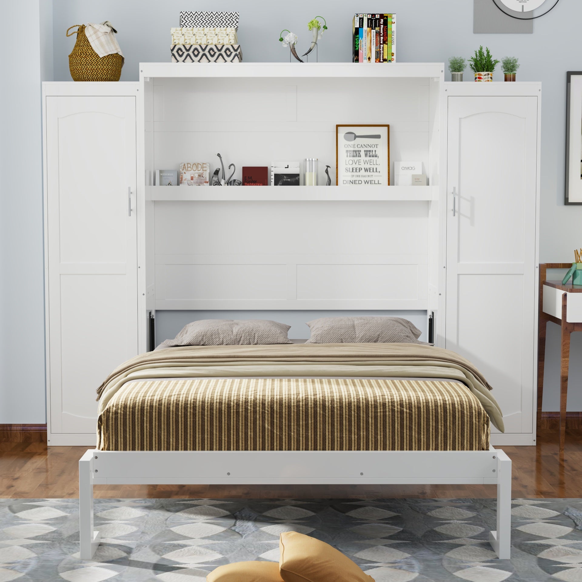 Queen Size Murphy Bed with 2 Wardrobe and Storage Shelf, Multifunctional Foldable Platform Bedframe for Guest-Room, Bedroom, White (Old SKU:N733S235627K)