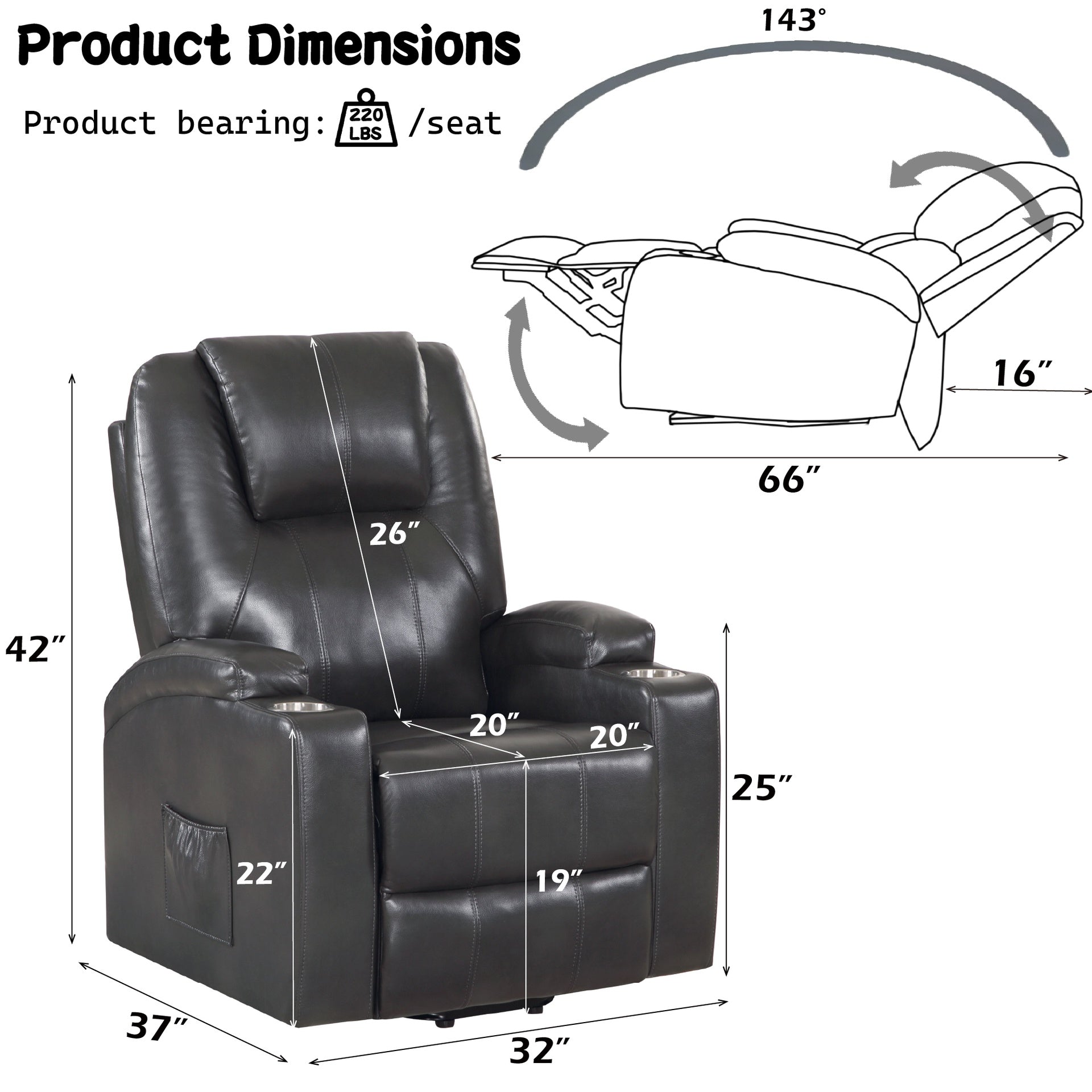Gunmetal Leather Aire Recliner w/Power Lift & Massage