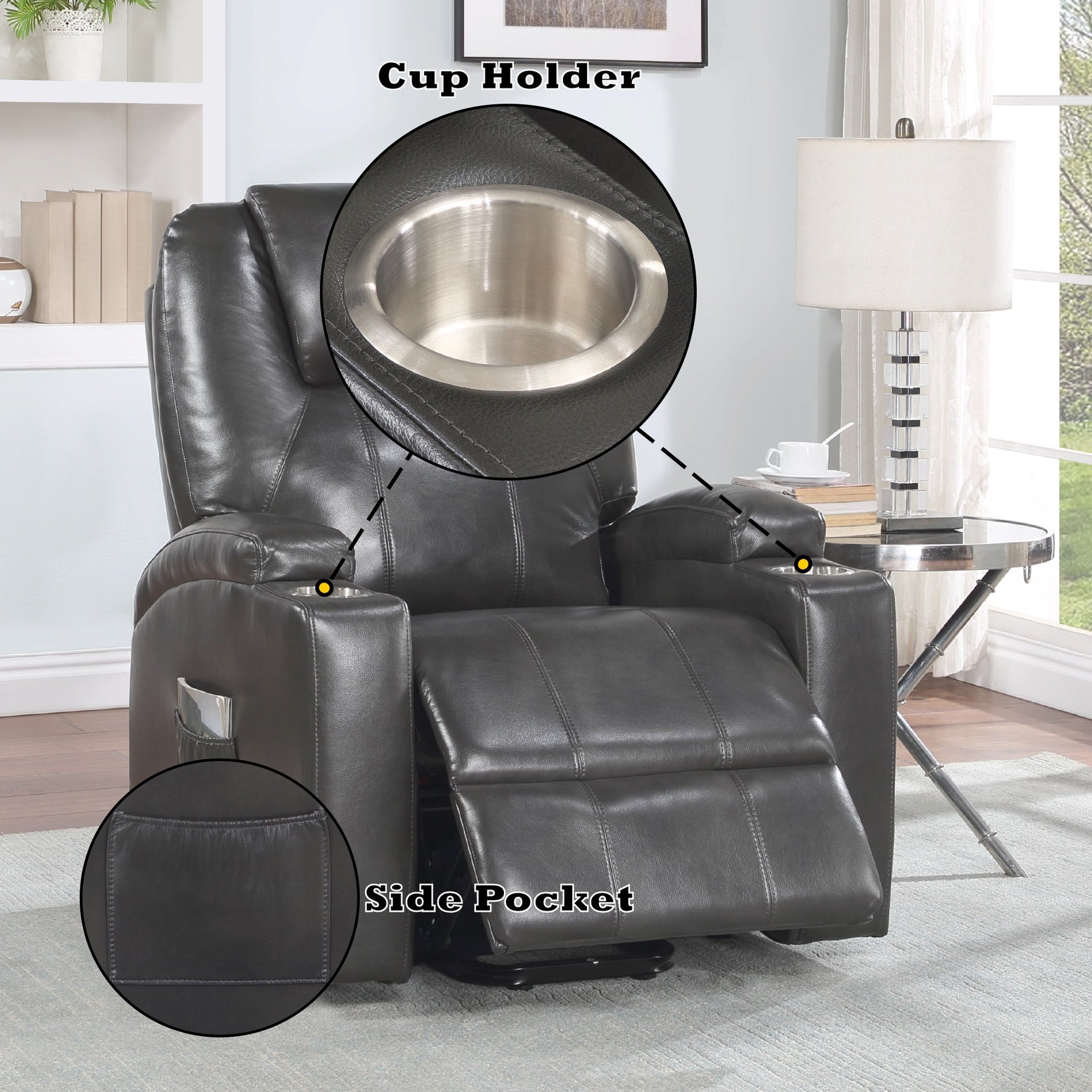 Gunmetal Leather Aire Recliner w/Power Lift & Massage