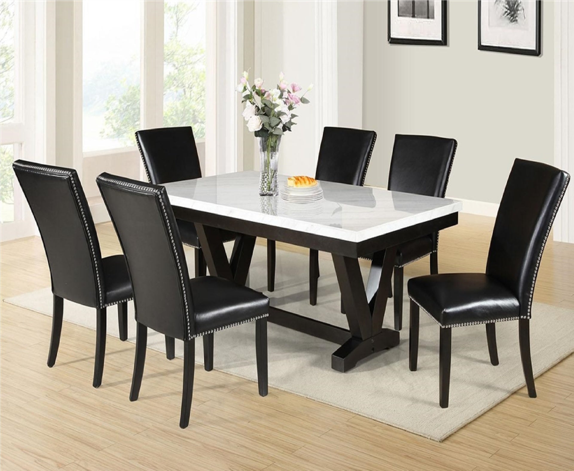 White Faux Marble & Black Finish Dining Table Set Black Faux Leather Upholstered Chairs Nailhead Trim Polyurethane Fabric 7pc Set