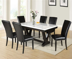White Faux Marble & Black Finish Dining Table Set Black Faux Leather Upholstered Chairs Nailhead Trim Polyurethane Fabric 7pc Set
