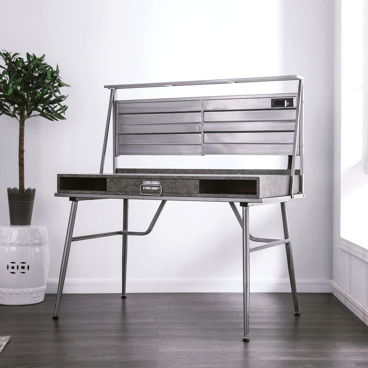 Modern Industrial Computer Desk USB Port One Drawer And Two Shelves With Metal Legs