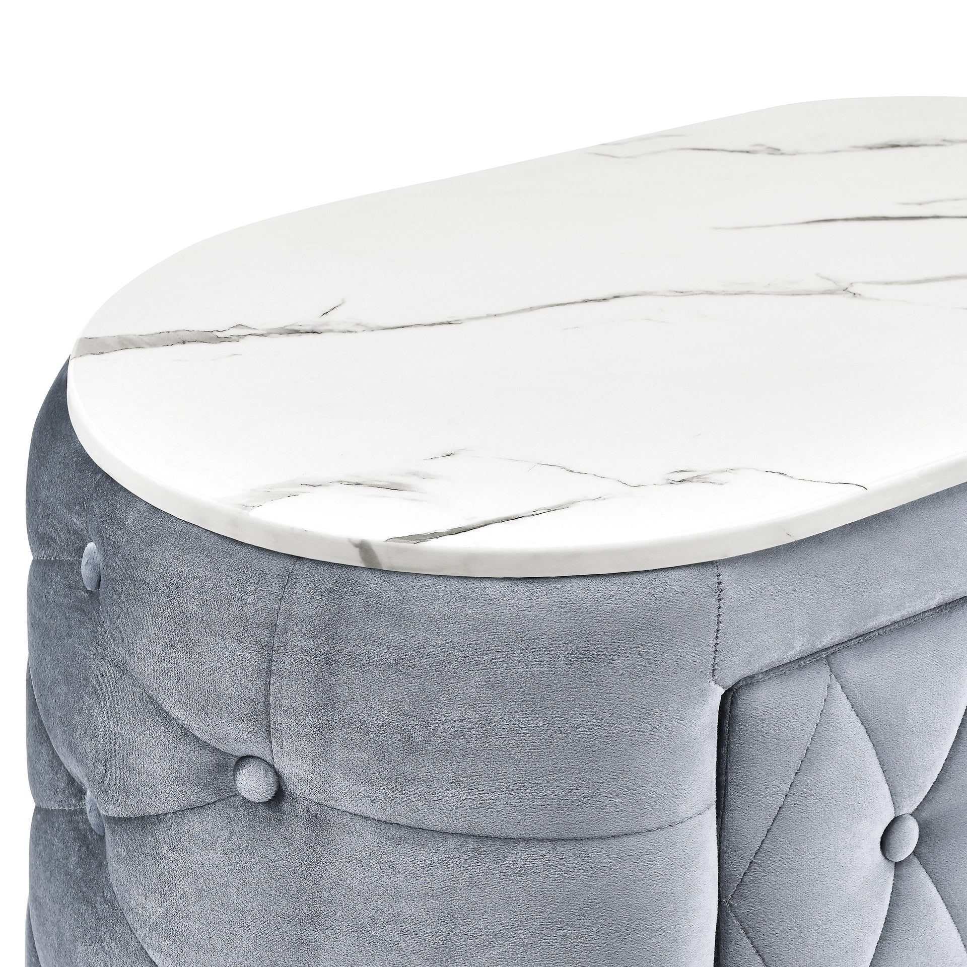 1pc Gray Nightstand Upholstery Fabric Marble Top Two Storage Drawers Wooden Bedroom Furniture Oval Grey