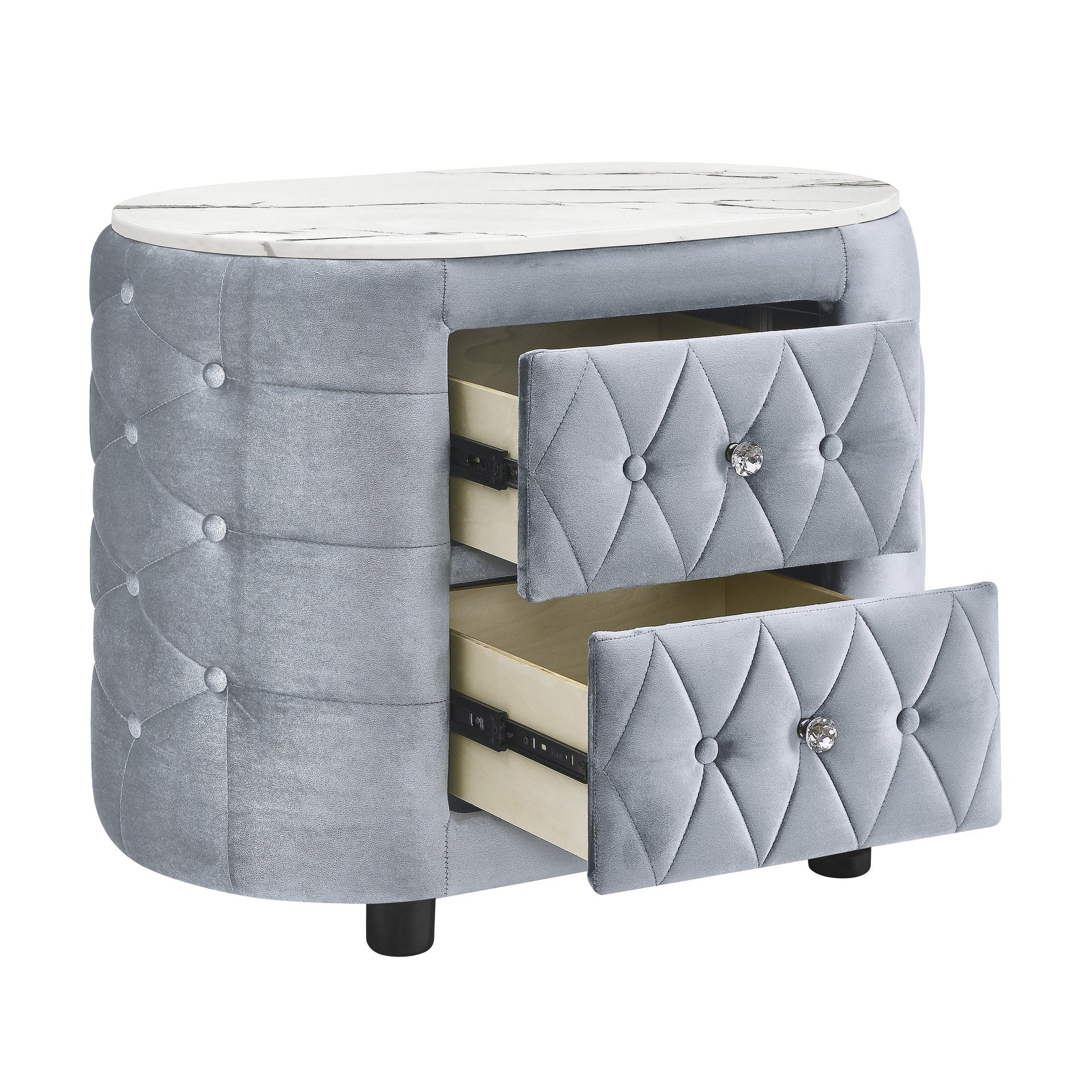1pc Gray Nightstand Upholstery Fabric Marble Top Two Storage Drawers Wooden Bedroom Furniture Oval Grey