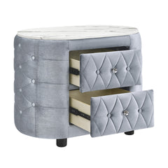 1pc Gray Nightstand Upholstery Fabric Marble Top Two Storage Drawers Wooden Bedroom Furniture Oval Grey