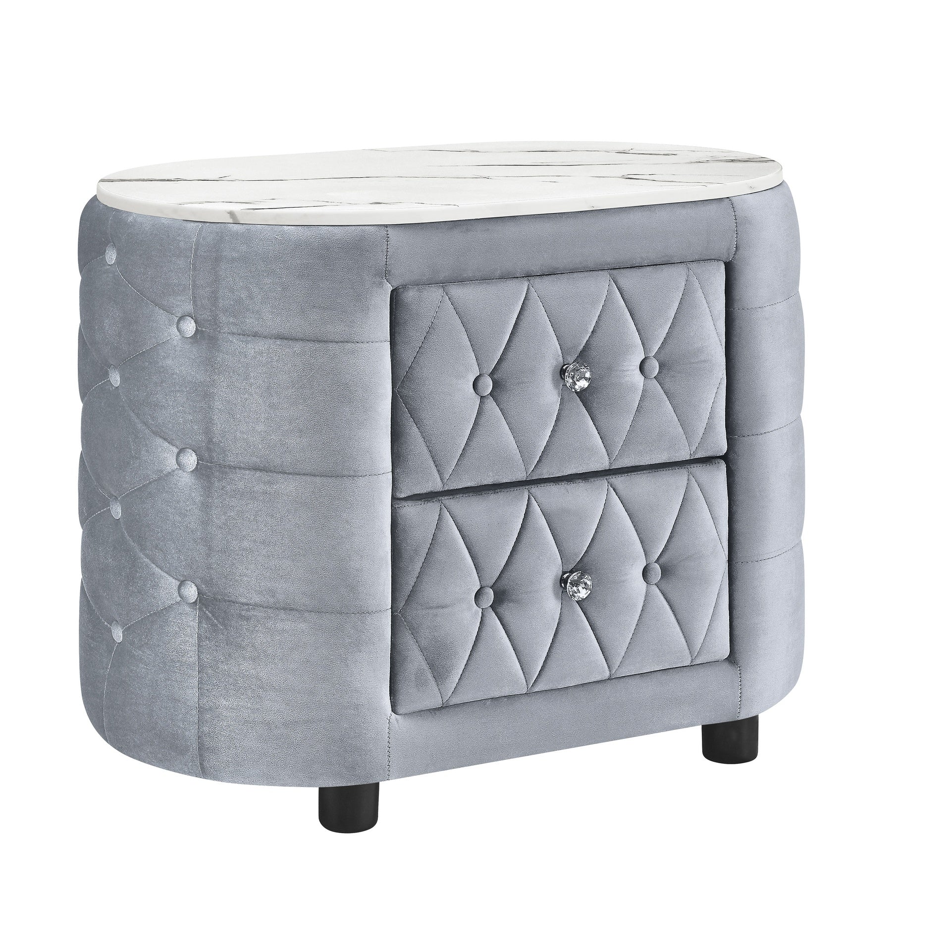 1pc Gray Nightstand Upholstery Fabric Marble Top Two Storage Drawers Wooden Bedroom Furniture Oval Grey