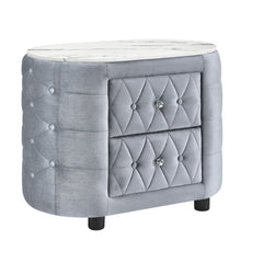 1pc Gray Nightstand Upholstery Fabric Marble Top Two Storage Drawers Wooden Bedroom Furniture Oval Grey
