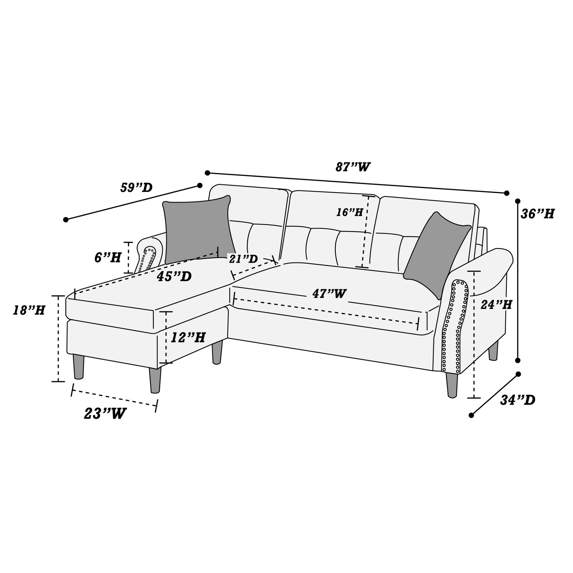 Reversible Sectional Set W/ 2 Accent Pillows in Slate Gray