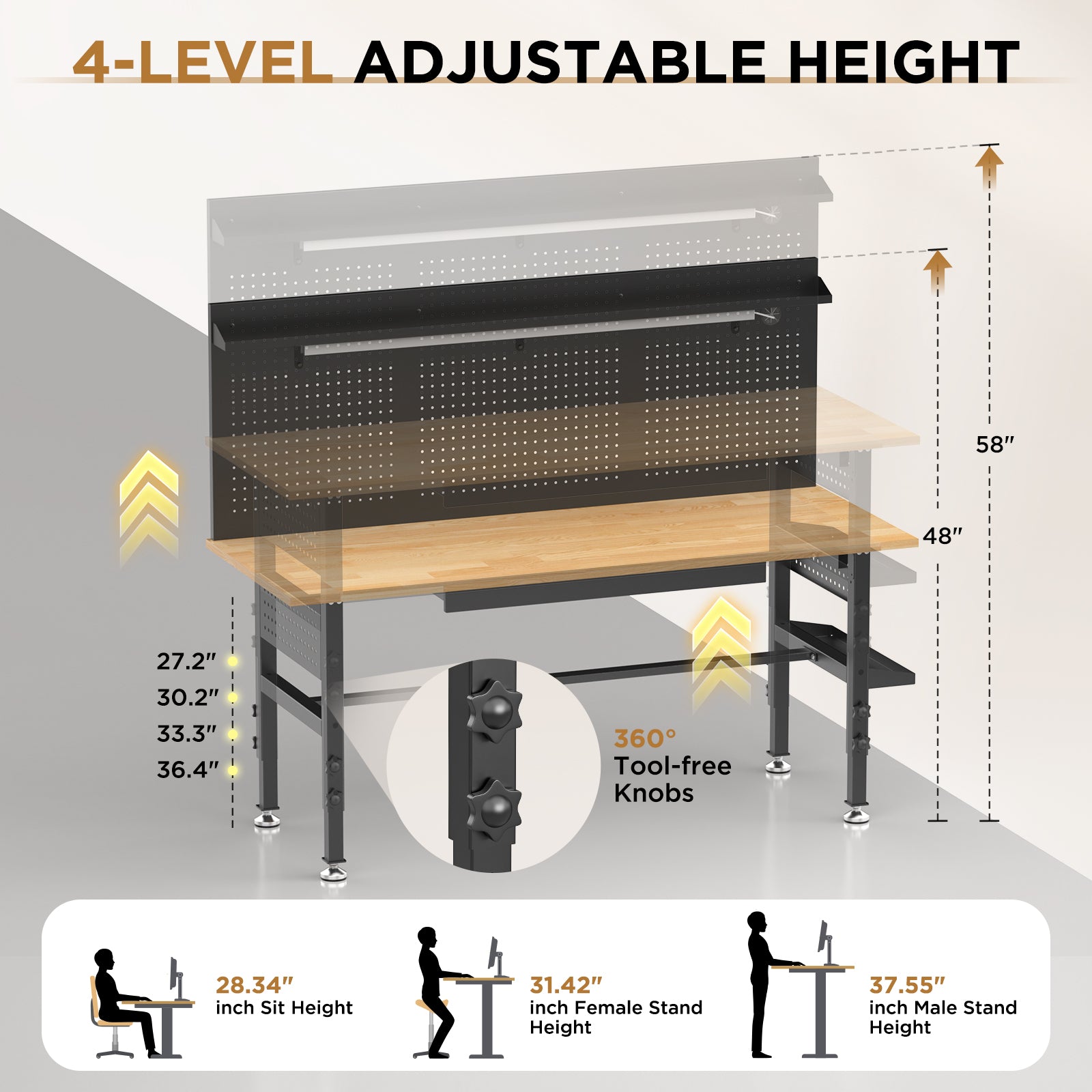 60″ Workbench with Drawers ,Solid Wood Top, 2000 lbs Capacity, Adjustable Height Garage Work Table with Power Outlet, LED Light, Wheels or Leveling Feet