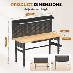 60″ Workbench with Drawers ,Solid Wood Top, 2000 lbs Capacity, Adjustable Height Garage Work Table with Power Outlet, LED Light, Wheels or Leveling Feet