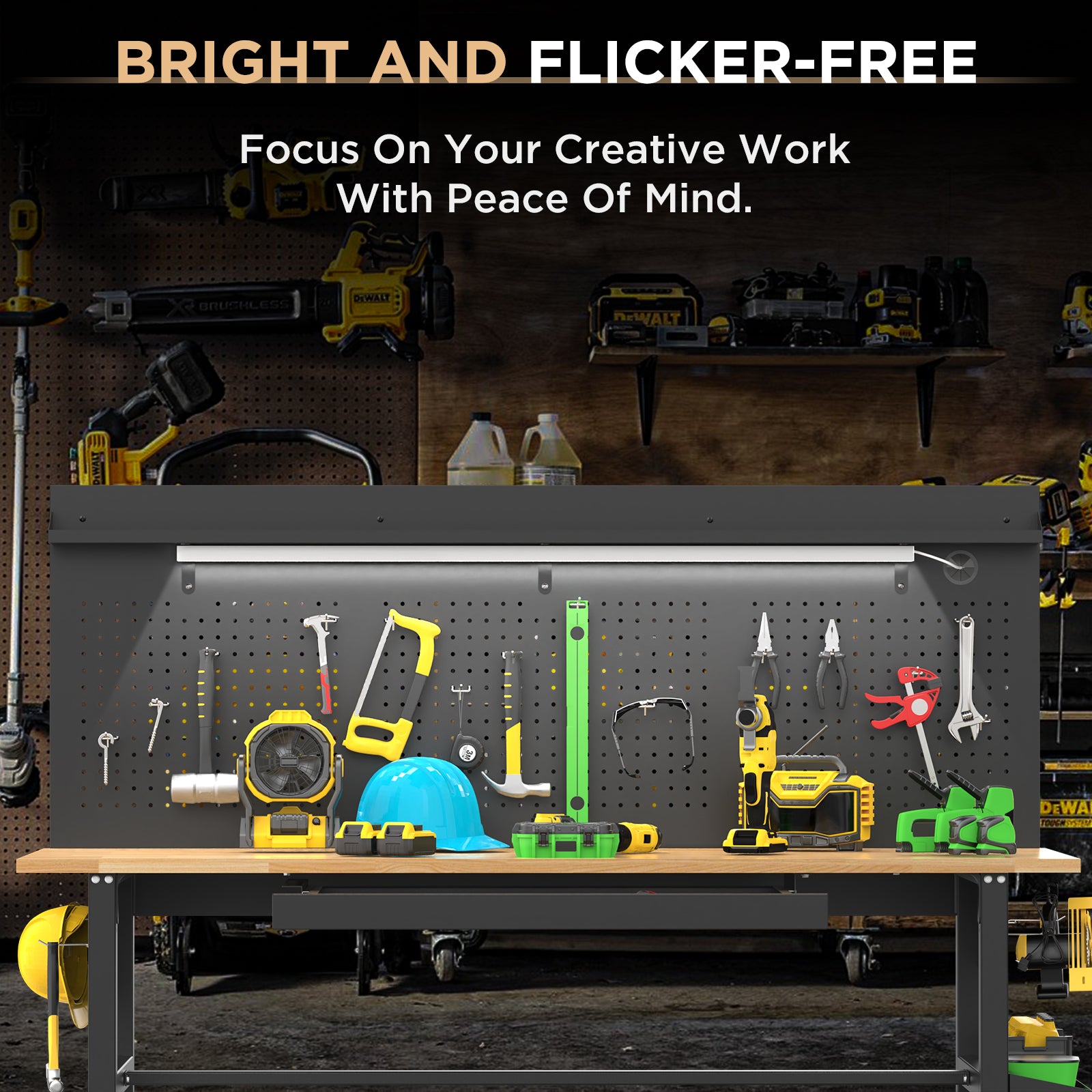 60″ Workbench with Drawers ,Solid Wood Top, 2000 lbs Capacity, Adjustable Height Garage Work Table with Power Outlet, LED Light, Wheels or Leveling Feet