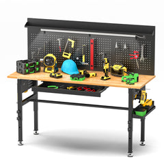 60″ Workbench with Drawers ,Solid Wood Top, 2000 lbs Capacity, Adjustable Height Garage Work Table with Power Outlet, LED Light, Wheels or Leveling Feet