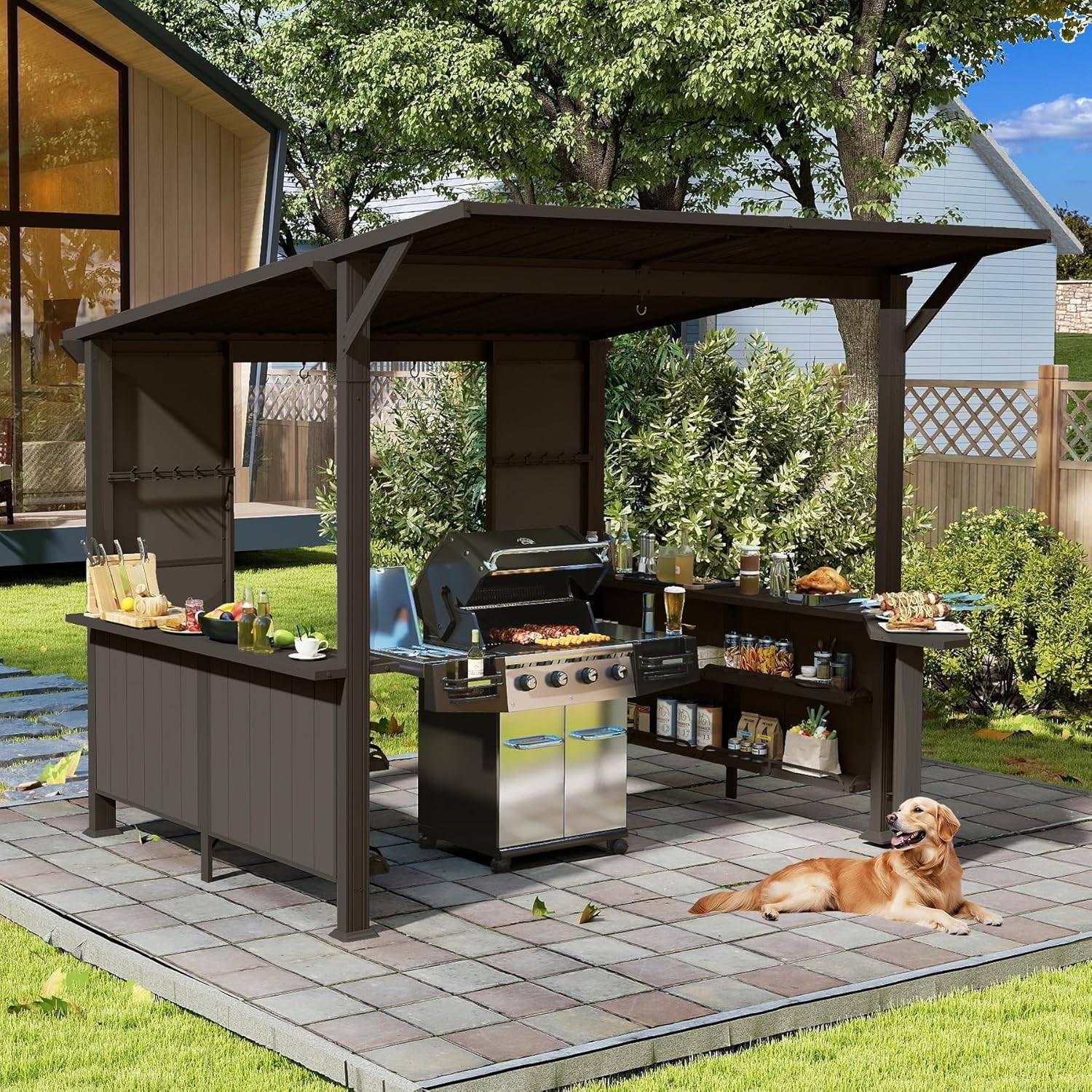 9X10FT Hardtop Grill Gazebo, Lean to Outdoor BBQ Gazebo with Storage Shelves and Expansion Platform, Galvanized Steel Permanent Hard top Grill Canopy for Patio Backyard Lawn Garden -Brown