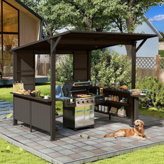 9X10FT Hardtop Grill Gazebo, Lean to Outdoor BBQ Gazebo with Storage Shelves and Expansion Platform, Galvanized Steel Permanent Hard top Grill Canopy for Patio Backyard Lawn Garden -Brown