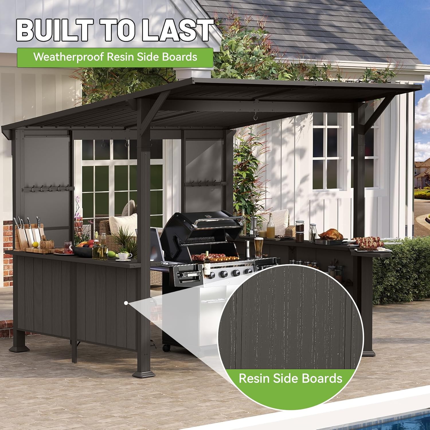 9X10FT Hardtop Grill Gazebo, Lean to Outdoor BBQ Gazebo with Storage Shelves and Expansion Platform, Galvanized Steel Permanent Hard top Grill Canopy for Patio Backyard Lawn Garden -Brown