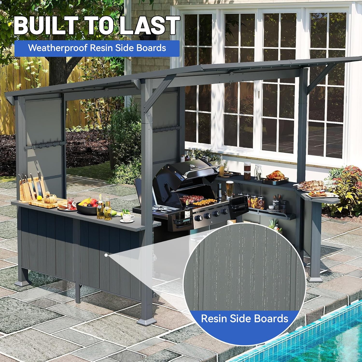 9X10FT Hardtop Grill Gazebo, Lean to Outdoor BBQ Gazebo with Storage Shelves and Expansion Platform, Galvanized Steel Permanent Hard top Grill Canopy for Patio Backyard Lawn Garden -Grey