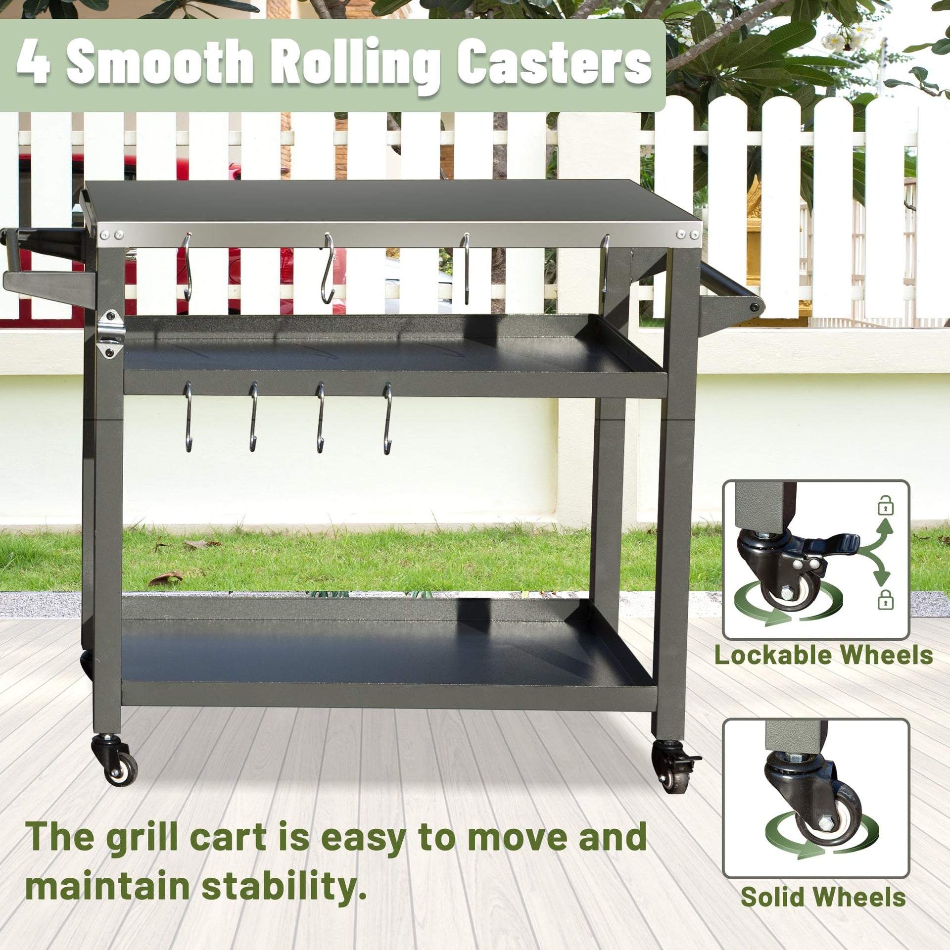 3-Shelf Outdoor Grill Table, Grill Cart Outdoor with Wheels, Pizza Oven and Food Prep Table, Blackstone Table with Stainless Steel Tabletop, Grill Stand for Blackstone Griddle for Outside BBQ