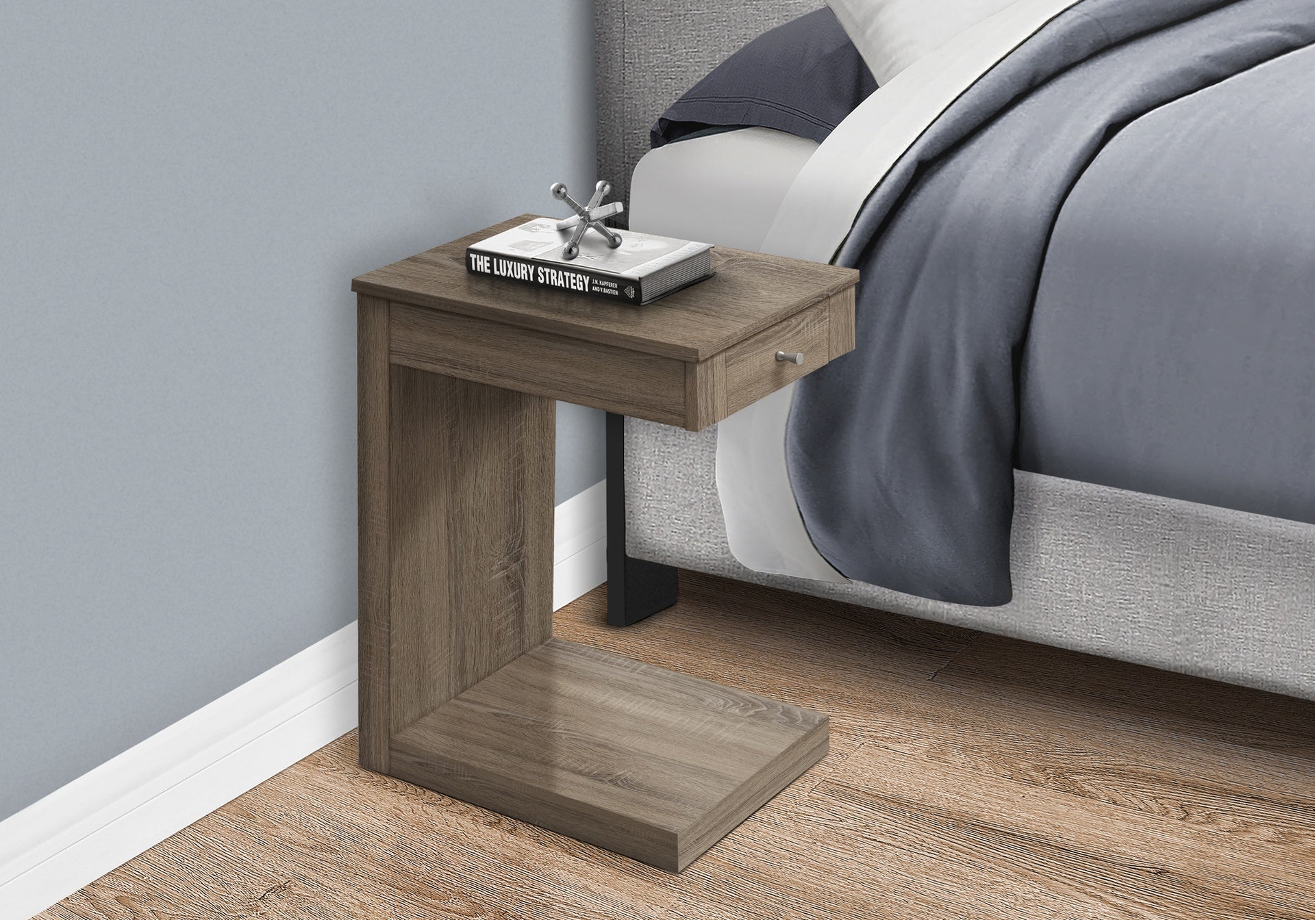 Accent Table, C-shaped, End, Side, Snack, Storage Drawer, Living Room, Bedroom, Brown Laminate, Contemporary, Modern