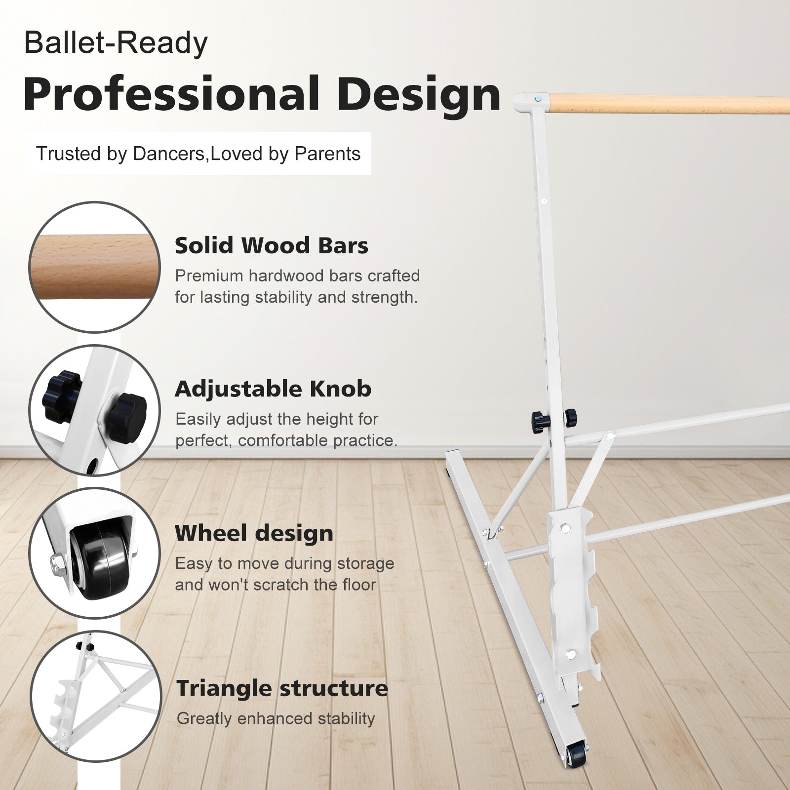 3.5FT White Solid Wood Ballet Barre With Adjustable Range Of 31.5-39.5 Inches For Dance Practice