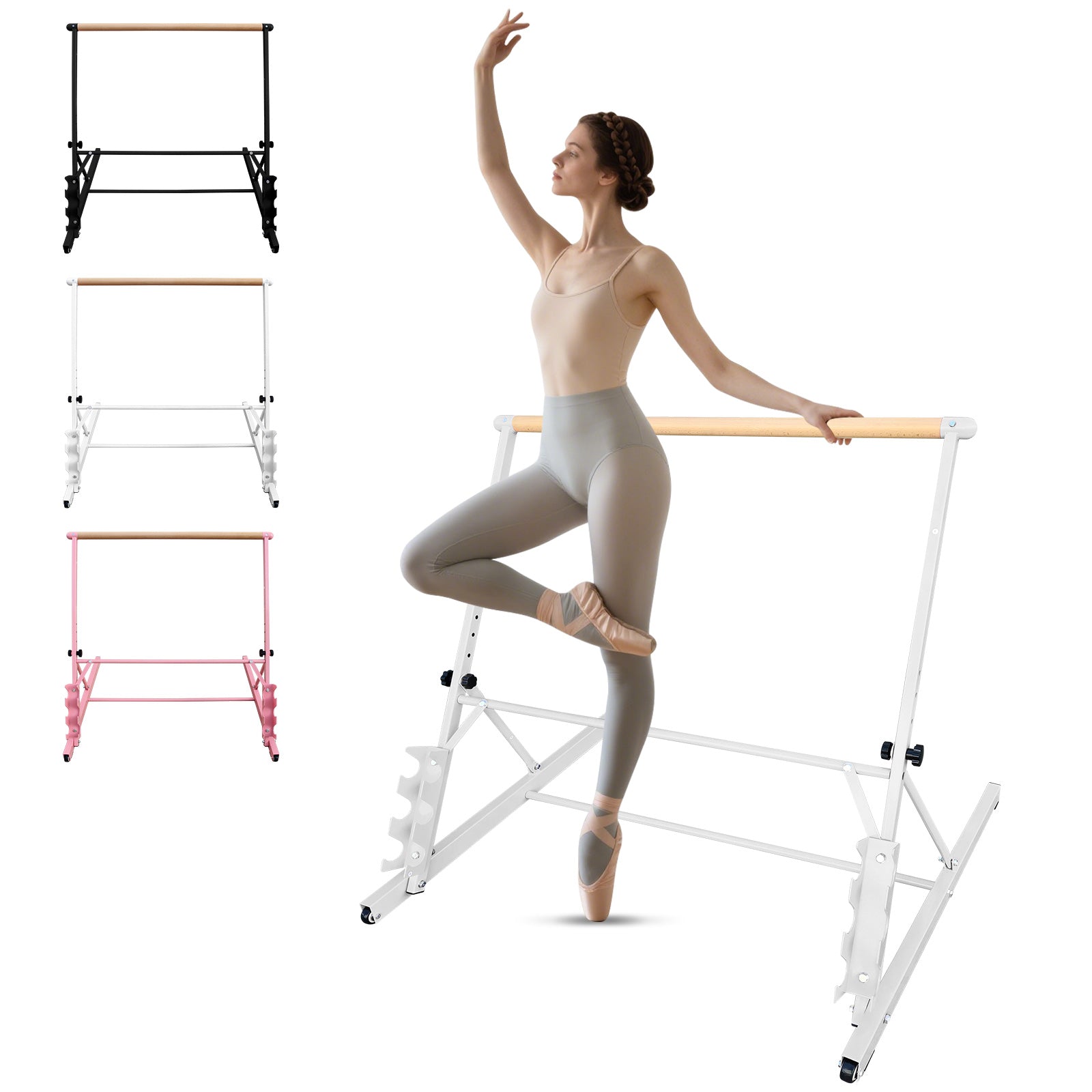 3.5FT White Solid Wood Ballet Barre With Adjustable Range Of 31.5-39.5 Inches For Dance Practice