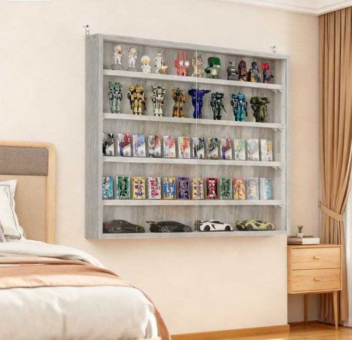 Gray Wall-Mounted Display Case Perfect for Model Cars, Clear Door for Stylish Collectible Showcase