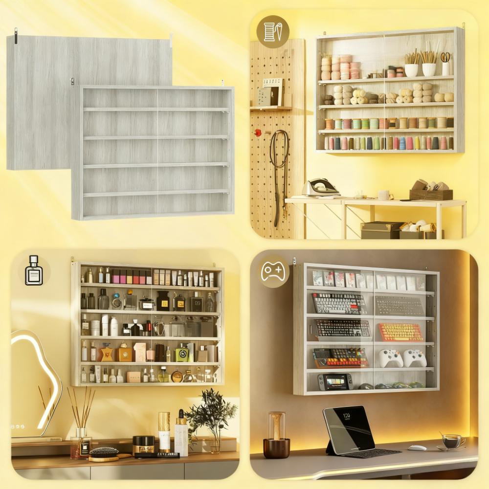 Gray Wall-Mounted Display Case Perfect for Model Cars, Clear Door for Stylish Collectible Showcase