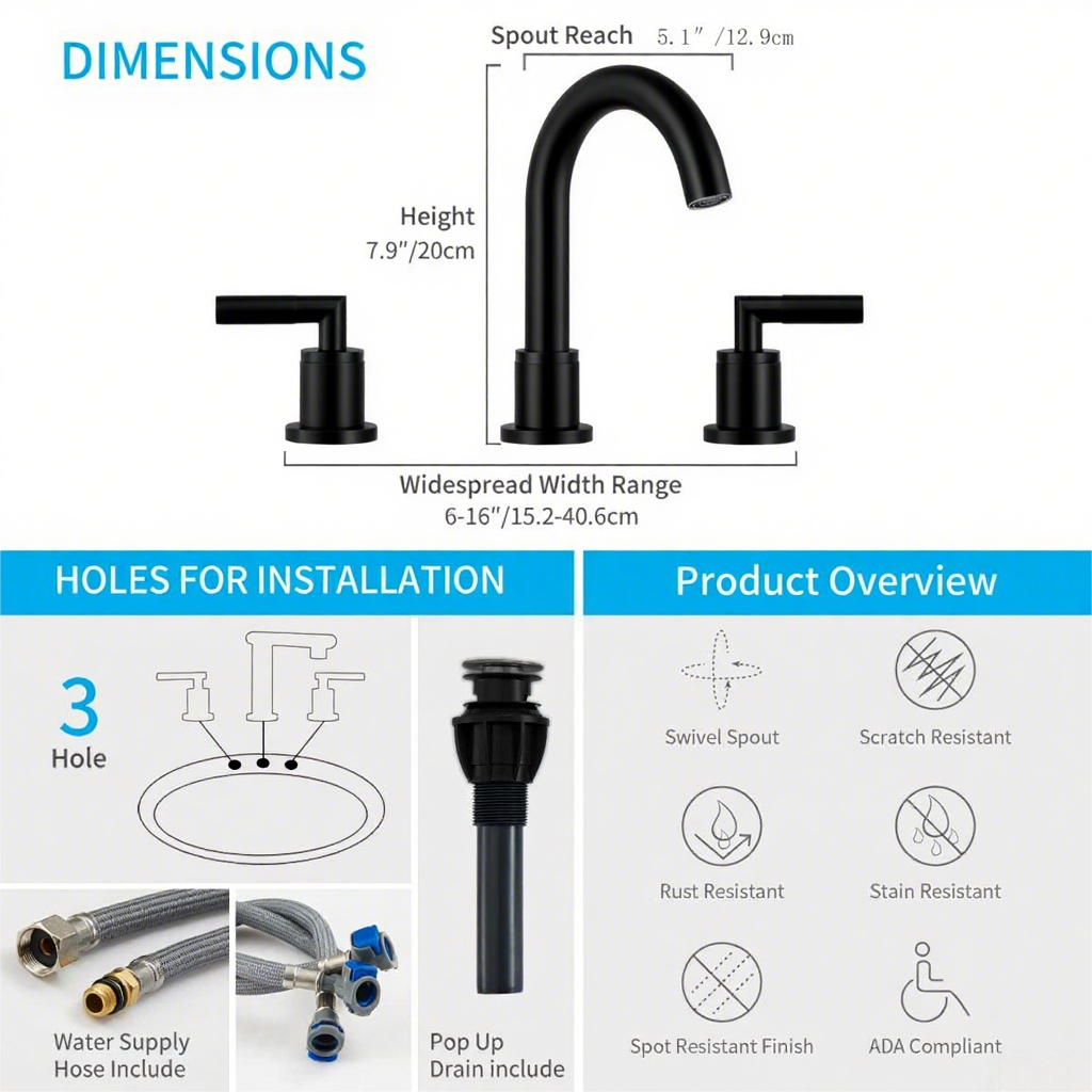 Bathroom Faucet 2 Handle Matte Black Bathroom Sink Faucet Widespread 3 Hole 360° Swivel Spout Modern Sink Basin Faucets 8 inch