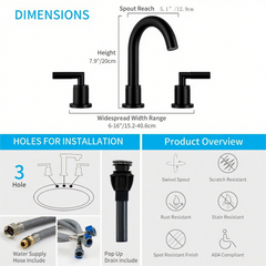 Bathroom Faucet 2 Handle Matte Black Bathroom Sink Faucet Widespread 3 Hole 360° Swivel Spout Modern Sink Basin Faucets 8 inch