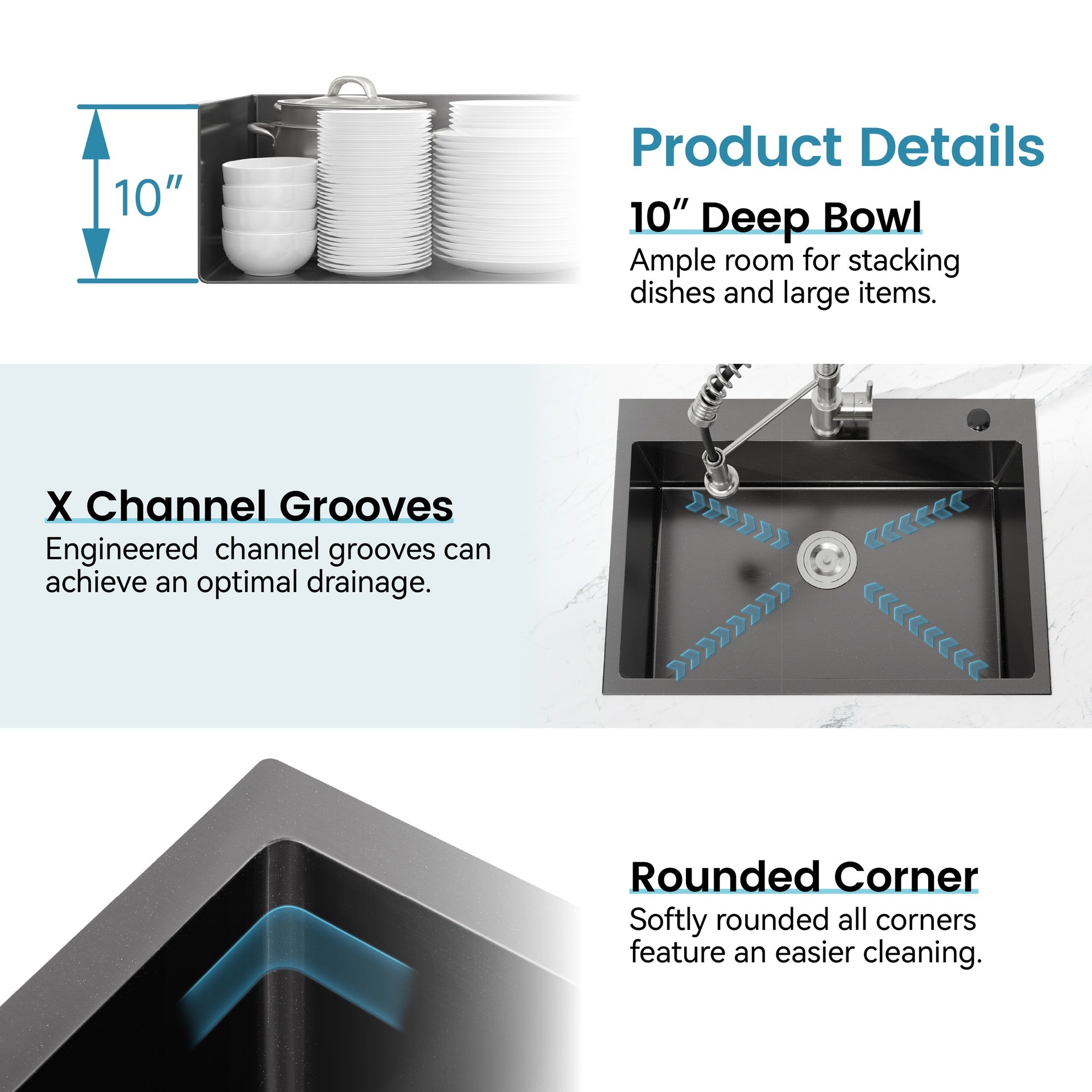 Stainless Steel Kitchen Sink, 33″x22″ Single Bowl, Overmount Handmade Sink in Black, with US Standard Drain and Hook