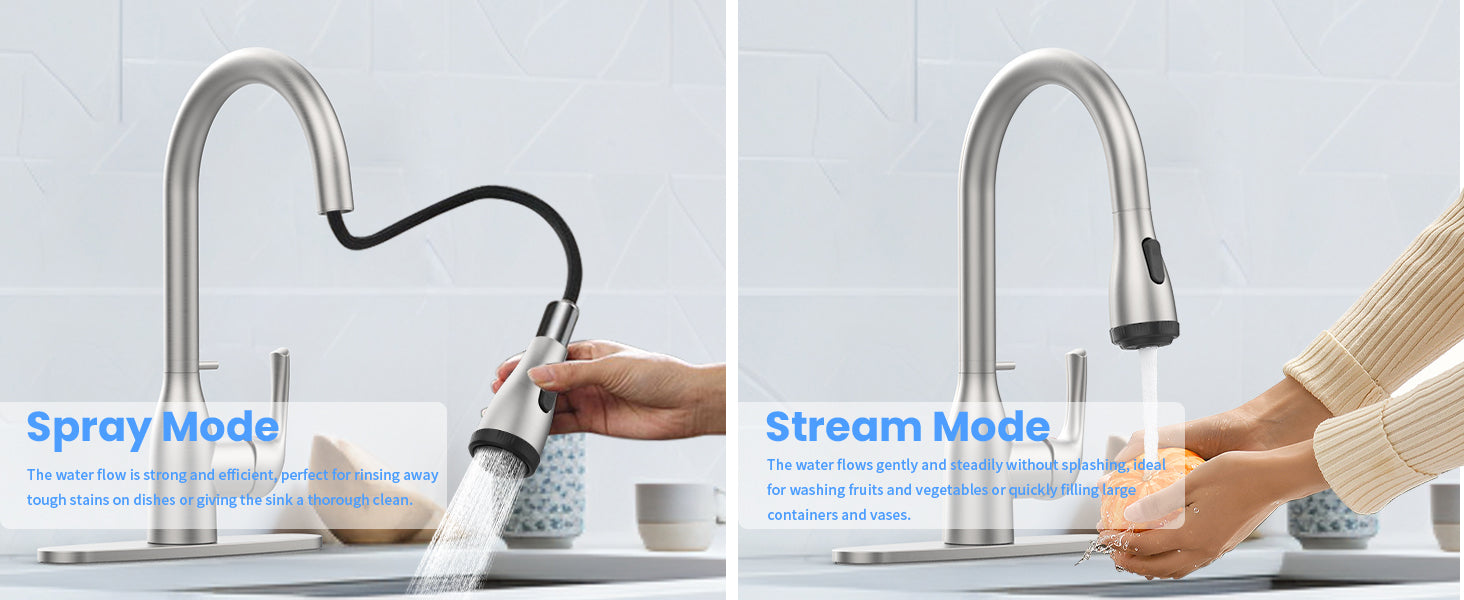 Kitchen Faucet with Pull Down Sprayer and 4 Spraying Modes Brushed Nickel Commercial 1 or 3 Hole Kitchen Faucets with Locking Buckle for Farmhouse Rv Bar Sinks