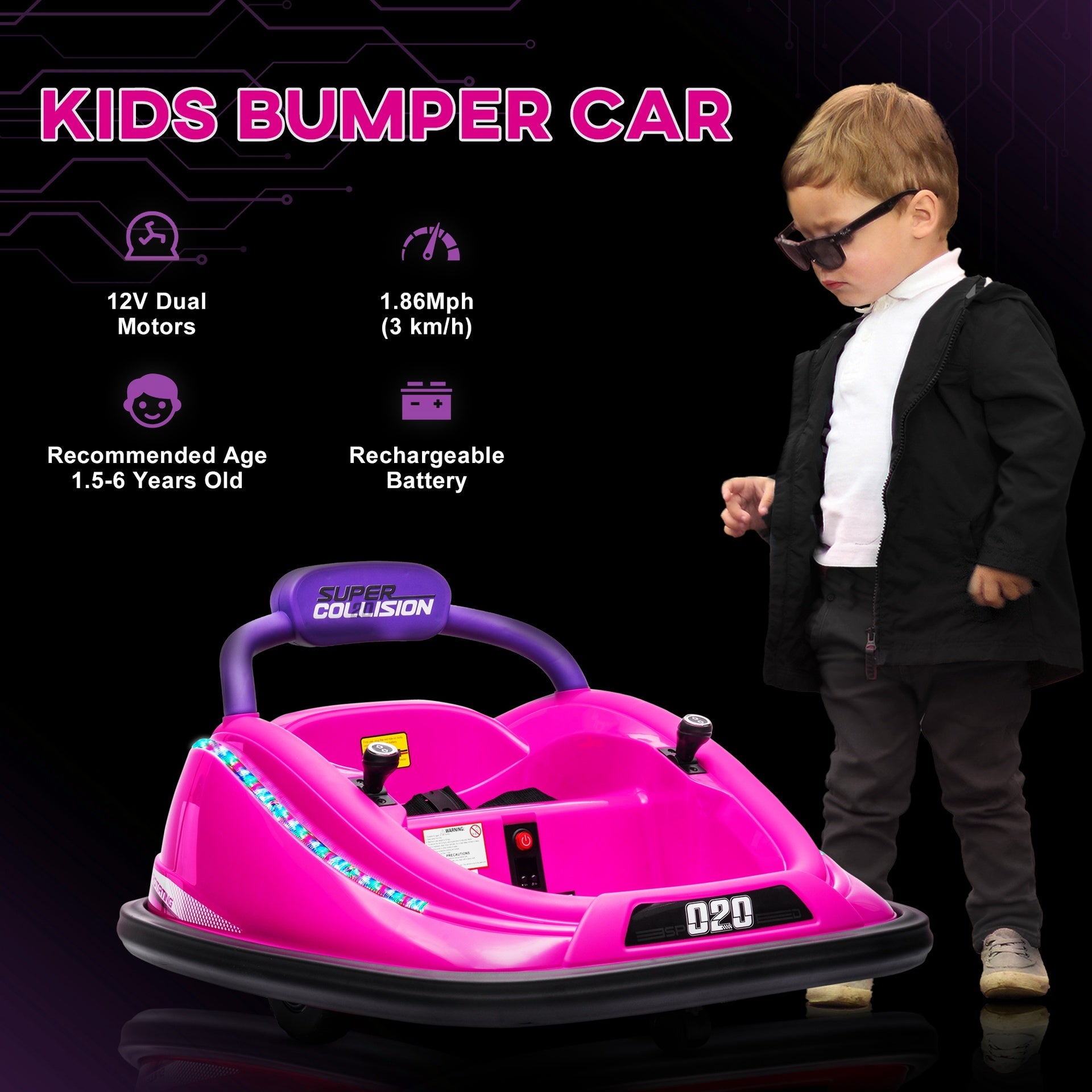 Aosom 12V Toddler Bumper Car with Remote Control, 360° Rotation Kids Electric Ride-On Toy, Twins Motor, Colorful LED Lights, 3 Songs, for Boys and Girls, Pink