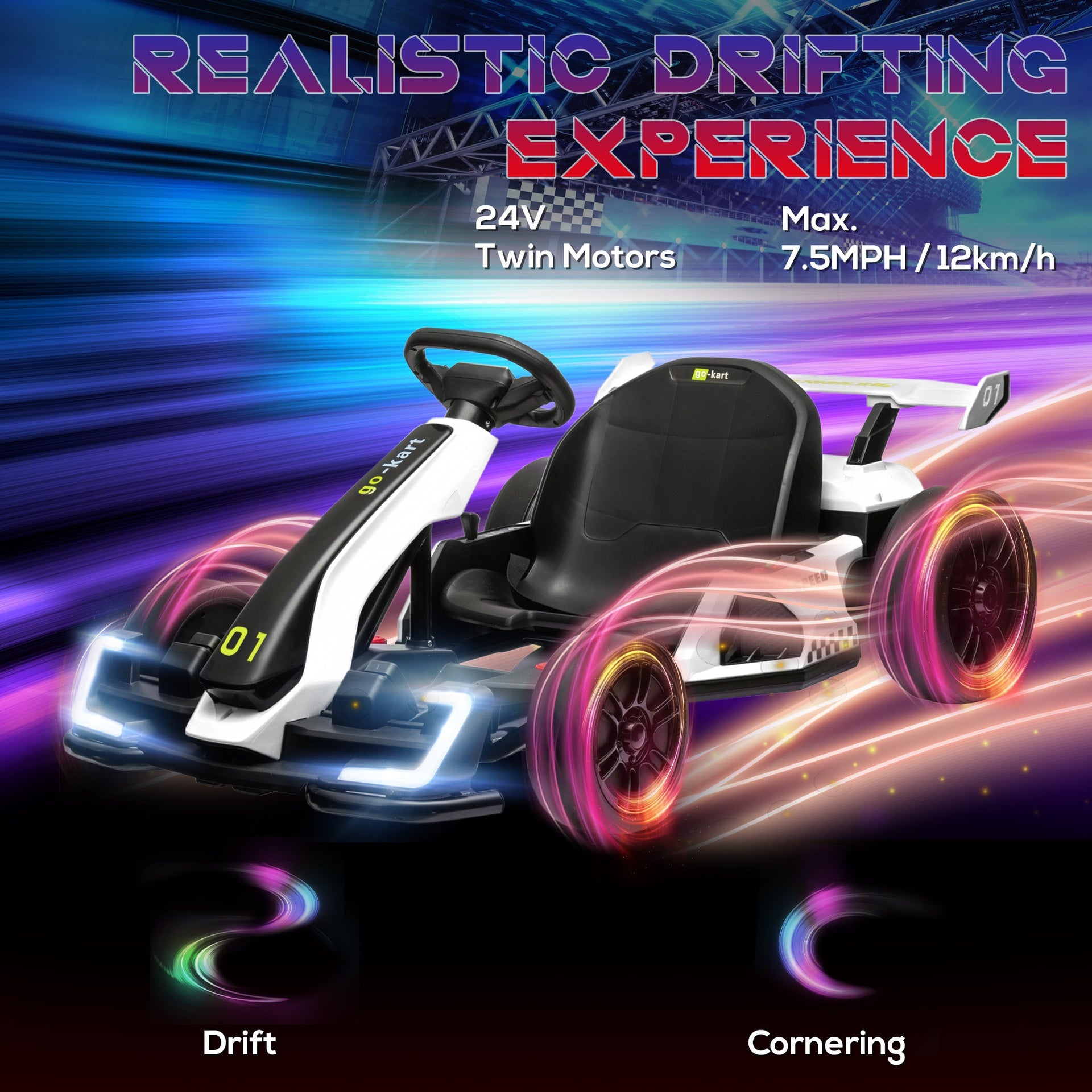 Aosom  24V 7.5 MPH Electric Go Kart with Adjustable Seat, Drifting Car Battery Powered Ride on Toy Outdoor with Slow Start, Button Start, Music, Honking Horn, Lights, for 6-12 Years Old, White