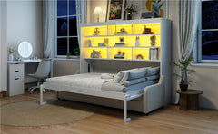 Queen Size Murphy Cabinet Bed with Folding Sofa,Built-in Storage Shelves and LED Light,Beige