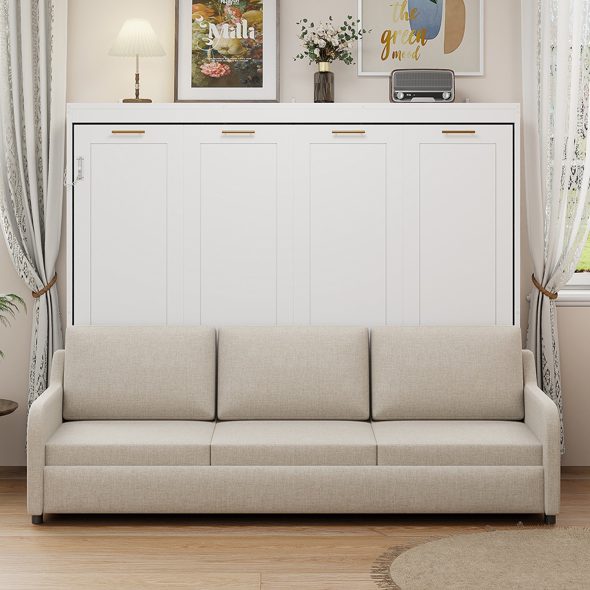 Queen Size Murphy Cabinet Bed with Folding Sofa,Built-in Storage Shelves and LED Light,Beige