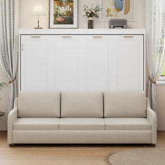 Queen Size Murphy Cabinet Bed with Folding Sofa,Built-in Storage Shelves and LED Light,Beige